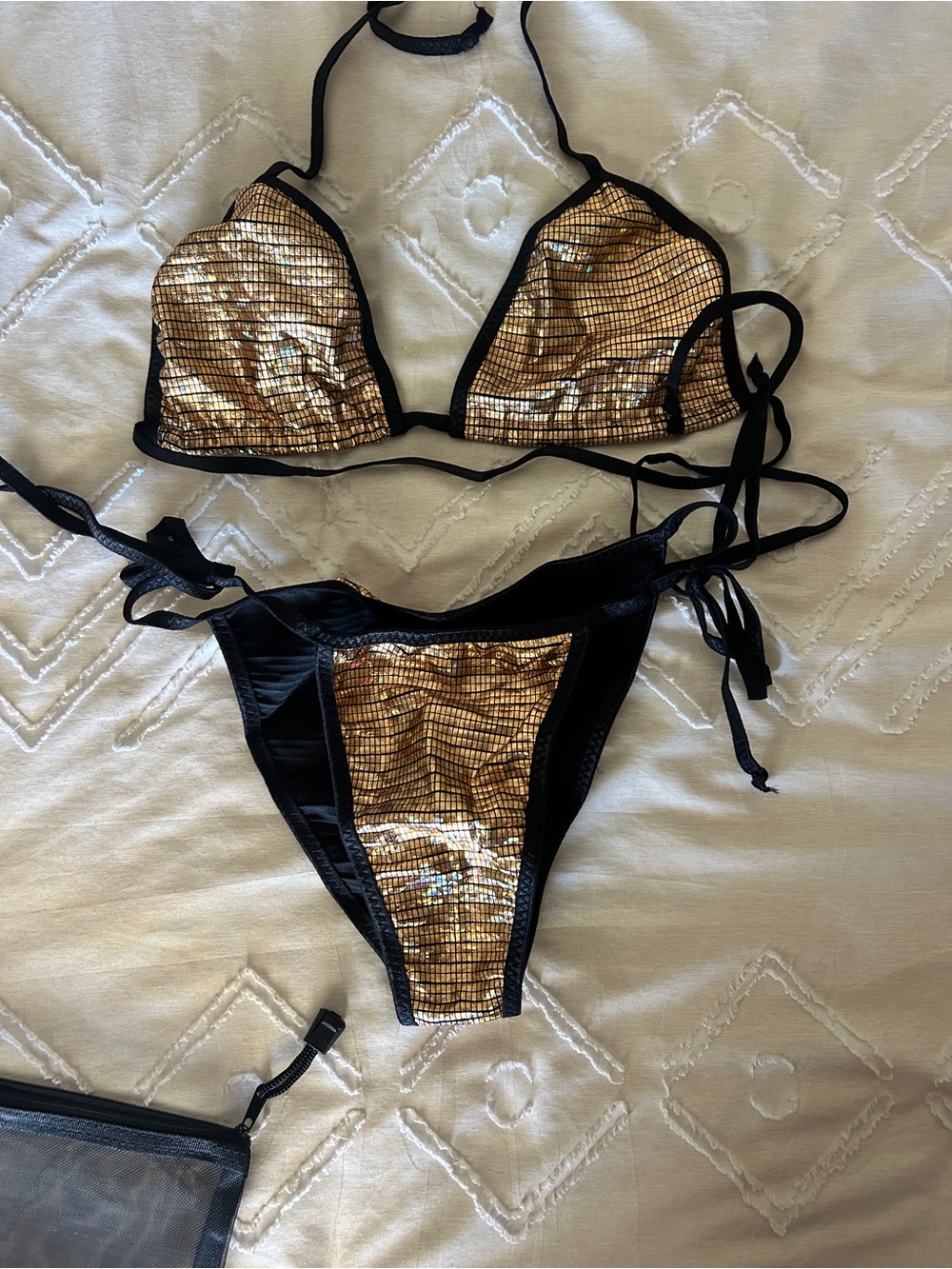 Black & Gold Geo Foil Iridescent Triangle Micro 3-Piece Bikini Set